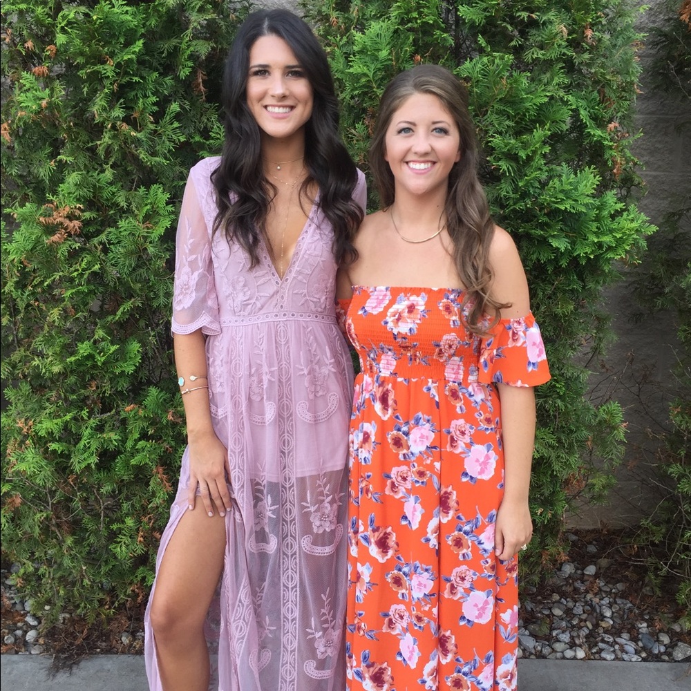Flowy pink long lace dress